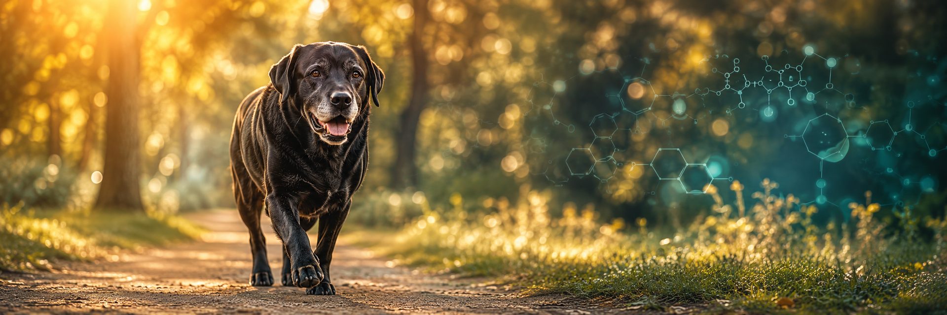 Senior black Labrador walking on a sunlit trail
